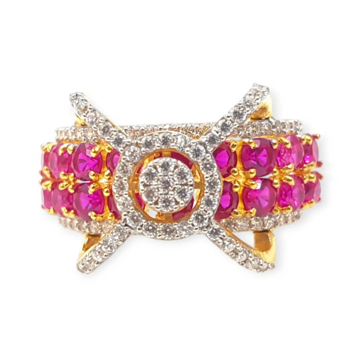 Fabulous Gold Zerkon Ring for Ladies with Amazing Design in Pink and White Zerkon Stones